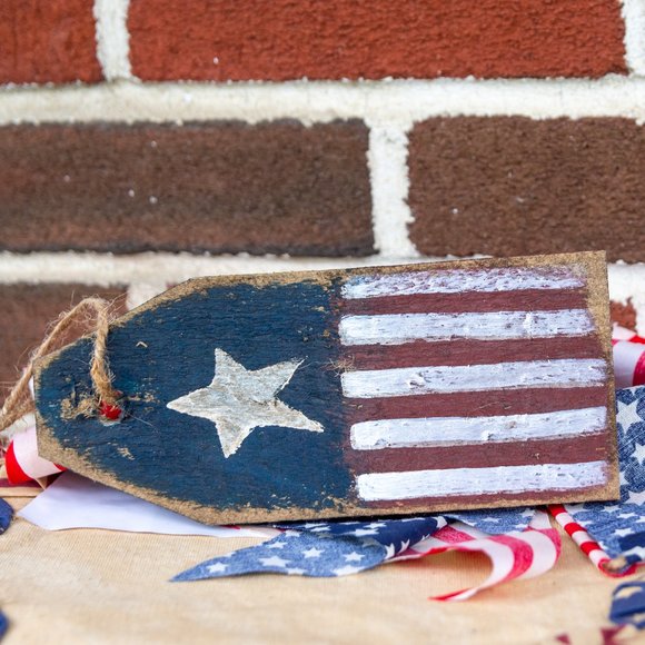 Rustic Primitive Country AMERICAN FLAG Hanging Tag 4th Of July Decor Americana - Picture 2 of 3